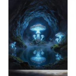 a mystical cave with glowing mushrooms, still water calm as a mirror, dark rocks, shadows, mossy ground, atmospheric, butterflies, misty, masterpiece, very detailed, cold blue light, trending on artstation, hyperrealistic, painted by Jessiah Thomason