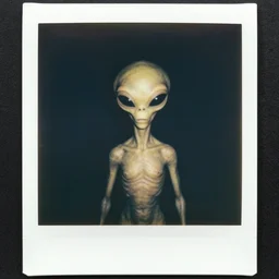 a half burned vintage polaroid photo of an alien being