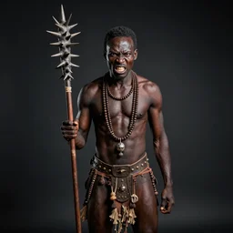 full figure of a african warrior with a spike, angry look, dark background, studio light, hdr, nikon 2 4 mm f / 1. 8 g, by sebastiao salgado