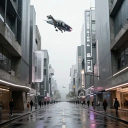 high resolution photograph, streetscape, simple brutalist architecture, metal, concrete, wet streets, white neon lights, color neon signs, flying cars, alien tyrannosaurus rex, pedestrians, greg rutkowski, syd mead, ralph mcquarrie, concept art, matte painting, finely detailed, minimal artifacts, rule of thirds, dynamic lighting, cinematic, denoised, centered, artstation - s 2 1 1 7 9 7 0 0 1 8