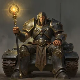portrait of man holding a scepter sitting on a tank, d & d, heartstone, digital painting, volumetric light, intricate, sharp, focus, bloom, illustration, highly detailed, concept art, matte, ruan jia, randy vargas, greg rutkowski