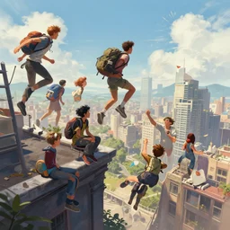 young travelers jump from the roof into another multiverse, wlop, concept art, digital painting, trending on artstation, highly detailed, epic composition, 8 k uhd
