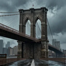 beautiful digital illustration Brooklyn Bridge in the rain cyberpunk by Marc Simonetti