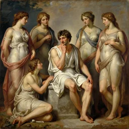 painting of a thinking man sitting on a stone surrounded by beautiful women, greek