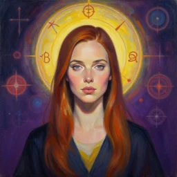 portrait of thandie newton by mandy jurgens, cartoon, oil painting, visionary art, symmetric, magic symbols, holy halo, dramatic ambient lighting, high detail, vibrant colors,