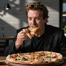 A pizza eating Hans Zimmer, digital art