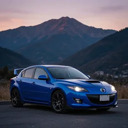 blue Gen 1 Mazda Mazdaspeed 3 2008 parked in front of mountain twilight beautiful photo