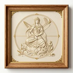 a coherent illustration fantasy wood frame engraving with elegant details, golden border detail ornaments art by fantasy style, centered, facing shot, crowns, dragons!! and royal shields, symmetry, elegant, masterpiece