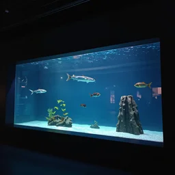 a huge aquarium as a wall in a museum, dull light, photography, award winning, 4 k