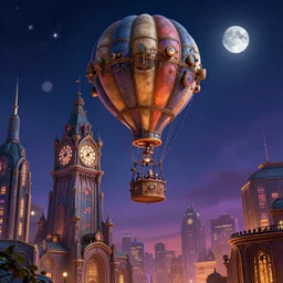 a stunning fantasy scene of a steampunk hot - air balloon flying over an art deco city with a clock - tower | highly detailed | very intricate | disney pixar | steampunk | dramatic romantic epic breathtaking whimsical magical | bokeh moon stars | professional cinematic lighting | artdeco | painted by alexander jansson and jacek yerka, tim burton | bold color palette | featured on artstation