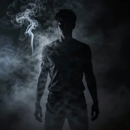 smoke in the shape of a man, black, volumetric lighting, atmospheric