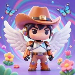 3 d render of chibi cyborg knight by ichiro tanida wearing a big cowboy hat and wearing angel wings against a psychedelic swirly background with 3 d butterflies and 3 d flowers n the style of 1 9 9 0's cg graphics 3 d rendered y 2 k aesthetic by ichiro tanida, 3 do magazine