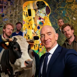 jeff bezos and cow take a selfie together, hyper detailed, digital art, trending in artstation, cinematic lighting, studio quality, smooth render, unreal engine 5 rendered, octane rendered, art style by klimt and nixeu and ian sprigger and wlop and krenz cushart.