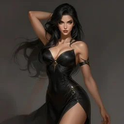 a highly detailed illustration of beautiful tan space goddess wearing black dress, dramatic seductive pose, intricate, elegant, perfect face, perfect hot body, highly detailed, centered, digital painting, artstation, concept art, smooth, sharp focus, league of legends concept art, wlop.