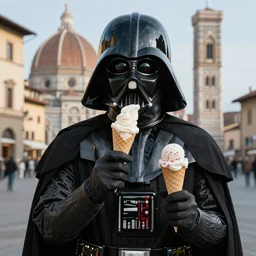 Darth Vader eating an ice cream in Florence, 4k photograph
