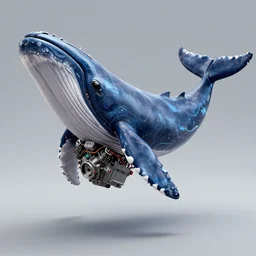digital art of v 8 engine!! with cachalot whale body sticking from the end, cachalot whale, full - body, cyberpunk style