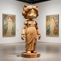 3 d octane render ultra photorealistic 8 k hyper detailed, a very very cute wooden mystical statue robot of the roman godess vegetal in a contemporary art gallery in neo tokyo artwork by alphonse mucha