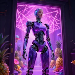 beautiful tall female robot printed with purple and black 3 d geometrical neon facing a doorway opening with neon pink geometric fractal light + a portal to a vaporwave world, flowering pineapples, transcendent, clean linework, dramatic, vibrant colors, finely detailed, 4 k, trending on artstation, photorealistic, award winning, volumetric lighting, octane render