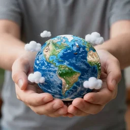Holding miniature Earth in Hands, with small clouds, small boats on the miniature Earth, 40nm lens, wide angle, shallow depth of field, 4k,