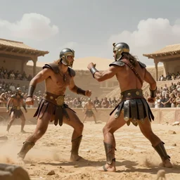 anthropomorphic gladiators arena fighting for life with a crowd of spectators, duunes desert medium shot, key art by craig mullins, bloom, dramatic lighting, cinematic, high details
