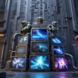 3 d sculpt of a pile of random tvs monitors led screens cyberpunk pipes tubes and cables matrix cyberpunk wall scifi industrial building facade by halo, star wars, ilm, star citizen halo, mass effect, starship troopers, elysium, the expanse, high tech industrial, artstation unreal