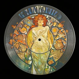 trippy vinyl record picture disk designed by mucha, art nouveau style