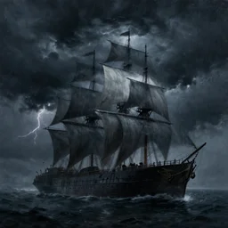 dark concept art of ships in a thunderstorm, stoic, windy, dramatic, epic painting, dark clouds, thunderstom, rain, medieval, dark concept art, dark skies painting by wlop, nixeu and greg rutkowski, beautiful, semirealism, artstation, octane render, oil painting, sharpness, 8 k, golden ratio