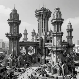 intricate concept illustration, fantasy, street megastructure, large biomes, ultra photorealistic, ultra sharp, black and white, 8 k