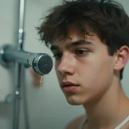 macro on a shower with a teenager under, depth of field, blur cinematic, 4 k