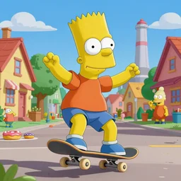 3D realistic action portrait of (Bart Simpson) skateboarding around a neighborhood, sunny day, nosey neighbors, Flanders, ice cream donuts nuclear power plant in the distance