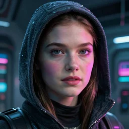 VFX movie of a futuristic hacker closeup portrait in high tech compound, beautiful natural skin neon lighting by Emmanuel Lubezki