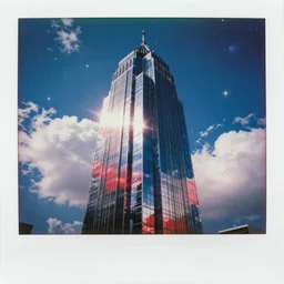 analog polaroid portrait of a chrome skycrapers, Hajime Sorayama, sheen, red reflections, unreal engine, azure sky, big clouds visible, sunlight, reflection, sparkles, space, stars, nebula, lensflare, film grain, depth of field, color bleed