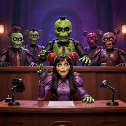 photo still of five nights at freddys!!! chica!!! animatronic testifying in court sitting behind a desk in the new sci fi movie c 8
