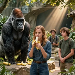 Emma Watson in a zoo with a gorilla while she eats a banana, Charlie Bowater, Tom Bagshaw, artstation, golden ratio, artgem, cinematic lighting, cgsociety, cinematic