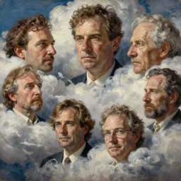 faces in the clouds, bao phan, piotr jablonski, norman rockwell, tim hildebrandt, dariusz zawadzki, bruce pennington, larry elmore, intricate details, hyperrealistic oil painting on canvas, deep depth field, cinematic composition, hyper - detailed