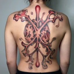 bioorganic back tattoo, red highlights