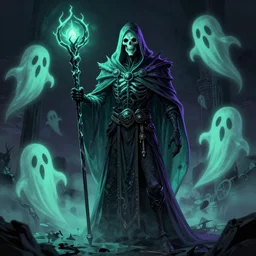 ghostly necromancer, full body character with staff in hand, ghost cape, neon color, creepy, skeleton and ghosts, digital art by Dan Mumford and Peter Mohrbacher, highly detailed, trending on ArtStationHQ