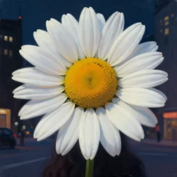 closeup, a huge daisy flower head, woman in modern city, surreal photography, night light, dark, impressionist painting, digital painting, artstation, simon stalenhag