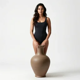 elegant potter with clay vase, photorealistic portrait photography, full body, standing, isolated on a pure white background, centered, whole figure in frame, sharp focus, studio lighting