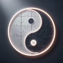a neon jigsaw made of yin yangs