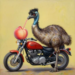 An oil painting of an emu on a motorcycle drinking from a peach through a straw that is stuck into the peach.