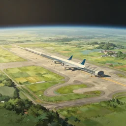 airfield, photo from space, painting by craig mullins, octane rendering, soft morning lighting, wide angle lens, in the style of hayao miyazaki, trending on artstation,