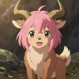 Anime portrait of a cute smiling faun, short pink hair, golden notched horns, brown fur, fluffy tail, by Makoto Shinkai, Stanley Artgerm Lau, WLOP, Rossdraws, James Jean, Andrei Riabovitchev, Marc Simonetti, and Sakimichan