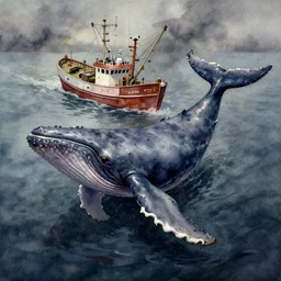 a watercolor painting of a whale near a fishing vessel, smooth effect, hyper - detailed, dark art, horror art, digital art, octane render, realistic painting, high angle, volumetric light, part by beksinski, zdzisław part by carl gustav carus