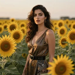a portrait of a stylish woman standing in a field of sunflowers by Ismail Inceoglu