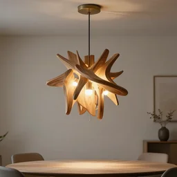 a designer lamp for the living room, hanging from the ceiling, one meter above the table, made from pieces of wood and 3 led lights, intricate, organic design, elegant, hyperrealistic, 8 k