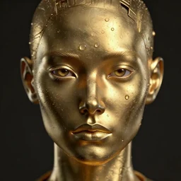 an intricate, detailed face of an android, golden skin with water drops on it, dramatic lighting, trending on artstation, syd mead
