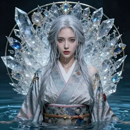 portrait of a beautiful woman wearing a kimono, silver hair, drenched body, wet dripping hair, emerging from the water, fantasy, regal, fractal crystal, fractal stone gems, by stanley artgerm lau, greg rutkowski, thomas kindkade, alphonse mucha, loish, norman rockwell