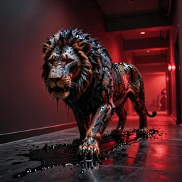 the lioness made of tar, stalking prey in the long dark hallway, viscous, sticky, full of black goo, covered with black goo, splattered black goo, dripping black goo, dripping goo, splattered goo, sticky black goo. photography, dslr, reflections, black goo, zoo, exhibit, rim lighting, red light, cinematic light, horror