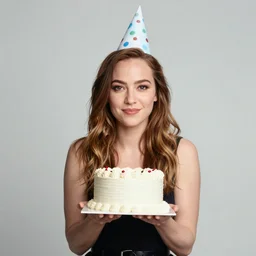 portrait photo still of natalir portman holding a small cake, wearing a birthday hat, in front of a house on fire, 8 k, 8 5 mm f 1. 8